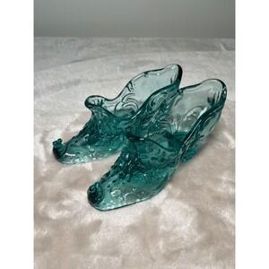 2 -  Mosser Glass Teal Blue Aqua‎ Victorian Shoe Slipper Figurine 6" Long